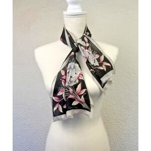 Vtg Oscar de la Renta Silk Scarf Womens Black Pink Floral Lily Silk Purse Scarf